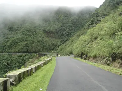 A green hill road near Cherrapunji in the monsoon mist
